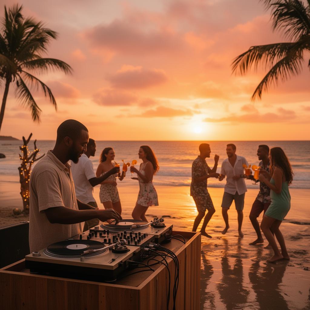 DJ set on a Cape Verde beach at sunset with people enjoying cocktails