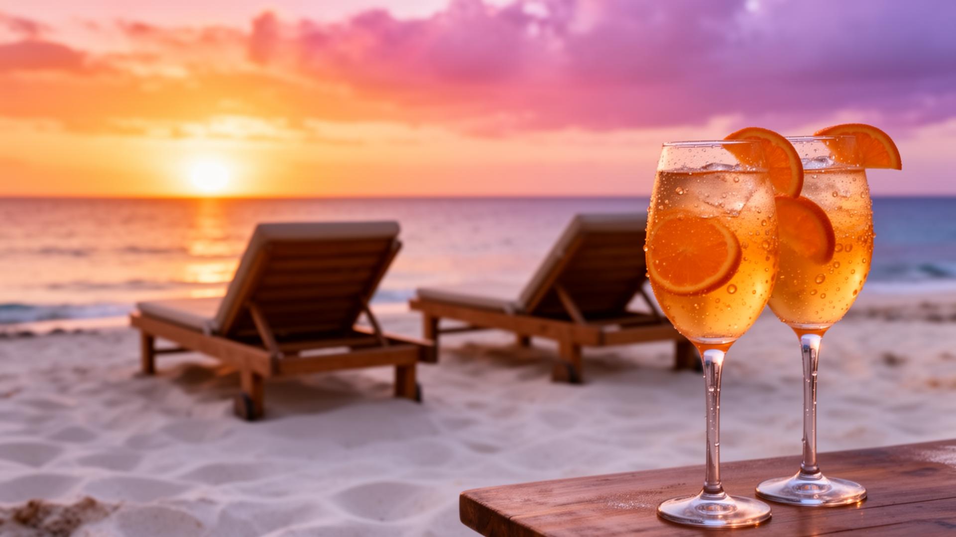 Sunset on a Cape Verde beach with two loungers and spritz glasses